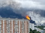 Black smoke rises from the area of the Russian oil producer Gazprom Neft's Moscow oil refinery on the south-eastern outskirts of Moscow on June 18, 2026.