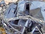 Remains of the mangles car after it fell down the valley in Himachal Pradesh’s Lahaul-Spiti district on Wednesday. (HT)