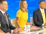 This image released by NBC shows co-host Savannah Guthrie, center, with colleagues, from left, Jenna Bush Hager, Carson Daly, and Craig Melvin during the 