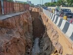The ageing 30-year-old sewer line beneath the highway has triggered six cave-ins on the same stretch since December 2023. (Parveen Kumar/HT)