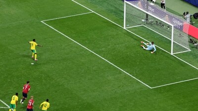 South Africa won a penalty in the 83rd minute and Teboho Mokoena converted it for the equaliser. (Getty Images via AFP) South Africa won a penalty in the 83rd minute and Teboho Mokoena converted it for the equaliser. (Getty Images via AFP)