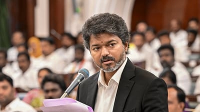 Tamil Nadu chief minister C Joseph Vijay addresses the state assembly, in Chennai. (PTI)