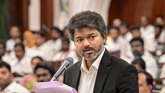 Tamil Nadu chief minister C Joseph Vijay addresses the state assembly, in Chennai. (PTI)