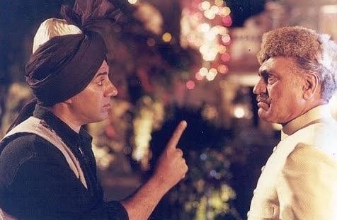 Sunny Deol and Amrish Puri in a still from Gadar. Sunny Deol and Amrish Puri in a still from Gadar.
