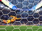 Paraguay goalkeeper Orlando Gill (12) attempts to make a save of a goal by USMNT midfielder Giovanni Reyna (not pictured) in the second half of a Group D match in the 2026 FIFA World Cup at Los Angeles Stadium. 
