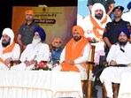Haryana chief minister Nayab Singh Saini along with Shiromani Akali Dal (Punar Surjeet) chief Giani Harpreet Singh during a state- level event to mark the martyrdom day of Guru Arjan Dev in Panchkula. (Sant Arora/HT)