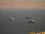 Vessels at the Strait of Hormuz, as seen from Musandam, Oman.