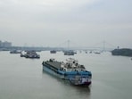Kolkata: Vessels, meant to be used as platforms for the upcoming 'International Day of Yoga' celebration, anchored in the Hooghly river, in Kolkata, West Bengal, Friday. (PTI)