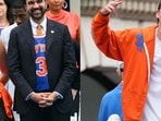 (L-R) NYC mayor Zohran Mamdani with wife Rama Duwaji, actor Timothee Chalamet