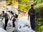 Team India cricketers Shreyas Iyer (centre) and Washington Sundar (far left) Washinton Sundar were spotted by a hiker during a trek to a waterfall in Dharamshala, Himachal Pradesh.