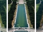 A combination of pictures show the renovations of the Reflecting Pool taken June 12, June 16 and June 18, 2026,  REUTERS/Eric Lee/Evan Vucci/Annabelle Gordon