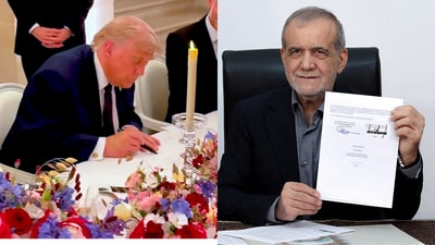 Trump and Iranian President Masoud Pezeshkian signed the memorandum digitally in English and Farsi. (@WhiteHouse via X/Reuters) Trump and Iranian President Masoud Pezeshkian signed the memorandum digitally in English and Farsi. (@WhiteHouse via X/Reuters)