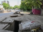 A drain left open near Tau Devi Lal Stadium seen on Thursday. (Parveen Kumar/HT)