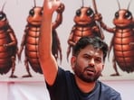 Cockroach Janta Party (CJP) founder Abhijeet Dipke during a protest over alleged examination irregularities, repeated paper leaks and demands for accountability from the government, in New Delhi.