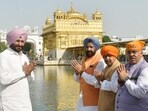 BJP national president Nitin Nabin with BJP national general secretary Tarun Chugh, Punjab BJP president Kewal Singh Dhillon and Union railway minister Ravneet Singh Bittu at Golden Temple in Amritsar on Saturday. (Sameer Sehgal/HT)