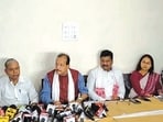 Congress leaders hold a press conference in Ranchi on Saturday (HT PHOTO) Congress leaders hold a press conference in Ranchi on Saturday (HT PHOTO)
