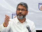 File image of Kalyan Chaubey, President -All India Football Federation addresses a press conference, at Press Club of India, in New Delhi on Friday. (Jitender Gupta/ANI)