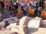 Five devotees were killed and 18 others injured after a portion of an under-construction Hanuman temple collapsed in Yashwadi village of Parbhani district’s Manwat taluka on Saturday afternoon. (ANI Video Grab)