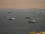 Vessels at the Strait of Hormuz, as seen from Musandam, Oman.
