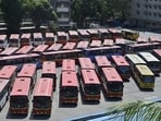 Mumbai, India - June 19, 2026: BEST buses parked at the Wadala Depot as employees launch an indefinite city-wide strike, defying court orders over demands for better pay and regularizing contract workers, in Mumbai, India, on Friday, June 19, 2026. (Photo by Anshuman Poyrekar/Hindustan Times) (Anshuman Poyrekar/HT Photo)