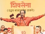 Uddhav Thackeray, chief of Shiv Sena (UBT), addresses party members in Mumbai on the party’s 60th foundation day.