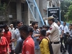 A view of a building where a woman found murdered at her residence in Kailash Hills, under the Amar Colony Police Station area, in South East Delhi in New Delhi.