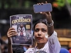 An activist during a protest staged by Cockroach Janta Party.