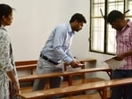 Preparations underway for the examination at AP Sen Memorial College in Lucknow on Saturday. (Mushtaq Ali/HT)