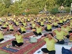Residents of Panchkula doing yoga exercises at Yavnika Park in Sector 5. (HT Photo) Residents of Panchkula doing yoga exercises at Yavnika Park in Sector 5. (HT Photo)