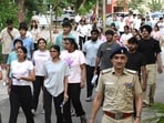 Students coming out of the centre after their NEET exam at a school in Chandigarh.