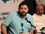 Tejashwi Yadav addresses a press conference at RJD office in Patna on Saturday. (Santosh Kumar/HT)