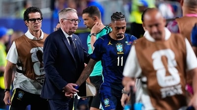 The only setback for Brazil on an otherwise dominant night was the loss of Raphinha, who had looked dangerous before injury cut his evening short. (AP Photo) The only setback for Brazil on an otherwise dominant night was the loss of Raphinha, who had looked dangerous before injury cut his evening short. (AP Photo)