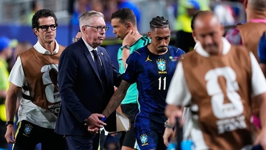 The only setback for Brazil on an otherwise dominant night was the loss of Raphinha, who had looked dangerous before injury cut his evening short.(AP Photo)