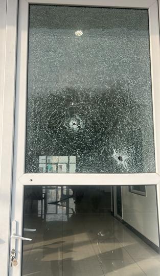 The door of the MLA’s office with bullet marks on Saturday morning. (HT Photo) The door of the MLA’s office with bullet marks on Saturday morning. (HT Photo)
