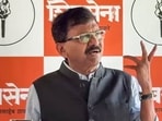 Shiv Sena (UBT) MP Sanjay Raut addresses a press conference over the opposition, in Mumbai on Saturday.