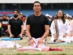 Bollywood actor Akshay Kumar took part in a yoga session on the occasion of the 12th International Day of Yoga at Jawaharlal Nehru Stadium in New Delhi on Sunday. He is seen in a meditative pose here.&nbsp;