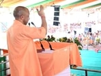 CM Yogi Adityanath addresses a public gathering in Mahoba on Sunday. (HT)