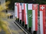Flags of Switzerland, the United States, Qatar, Pakistan and the local Swiss canton of Nidwalden are photographed at the Burgenstock luxury hotel ahead of talks between the US and Iran