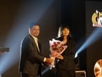 Meghalaya CM handing over the Meghalaya ‘Icon of the Year Award’ to star rapper Rebel at the Hello Meghalaya Music Awards on World Music Day (HT Sourced Photo)