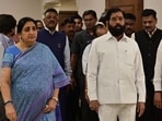 Mumbai, India - June 21, 2026:(R) CM Devendra Fadnavis, Dy CM Sunetra Pawar(L) and Dy CM Eknath Shinde (C) during the press conference ahead of the upcoming Monsoon Session, Sahaydri Guest House, in Mumbai, India, on Sunday, June 21, 2026. (Photo by Anshuman Poyrekar/Hindustan Times) (Anshuman Poyrekar/HT Photo)
