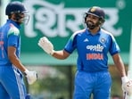 India's captain Shubman Gill, left, and Rohit Sharma during an ODI cricket match.
India's captain Shubman Gill, left, and Rohit Sharma during an ODI cricket match.