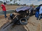 Thane, India - June -21, 2026: Two Killed in BMW Car Crash on MumbaiÐVadodara Highway Near Badlapur in thane District A tragic accident involving a BMW car took place on the MumbaiÐVadodara Highway near Eranjad, close to Badlapur, at around 2 a.m. on Saturday night.The occupants were travelling towards Badlapur from Titwala when the speeding driver reportedly lost control of the vehicle near Eranjad. The car, believed to have been travelling at an estimated speed of around 251 kmph, hit the road divider and overturned in the darkness, allegedly due to misjudging the road and speed. The impact was so severe that the vehicle was completely mangled. Two persons were killed in the accident. Police have launched an investigation into the incident and are conducting further inquiries ,in Thane ,in Mumbai, India, on, Sunday, June -21, 2026. ( photo by Praful Gangurde / Hindustan Times )
