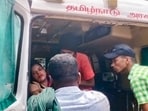 Medical personnel transport victims to an ambulance after an ammonia gas leak at a private seafood processing unit in Manjangaranai village of Tiruvallur district in Tamil Nadu.