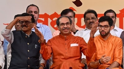 Uddhav Thackeray, Chief of Shiv Sena (UBT), addressed party members at Shanmukhanand Hall in Mumbai on the party's 60th foundation day. (Photo by Raju Shinde/HT Photo) (Raju Shinde) Uddhav Thackeray, Chief of Shiv Sena (UBT), addressed party members at Shanmukhanand Hall in Mumbai on the party's 60th foundation day. (Photo by Raju Shinde/HT Photo) (Raju Shinde)