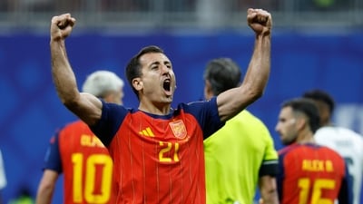 Spain's Mikel Oyarzabal celebrates was denied a hat-trick as he was taken off before the start of the second half. (AP)