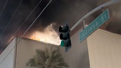 Smoke rises following a fire at a warehouse in Boyle Heights, Los Angeles, U.S., June 17, 2026, in this still image taken from a handout video. (Los Angeles County Fire Department/Handout via REUTERS) (via REUTERS)