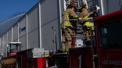 Crews work a warehouse fire in the Boyle Heights section of Los Angeles on Wednesday, June 17, 2026. (AP Photo/Jae C. Hong) (AP Photo/Jae C. Hong) Crews work a warehouse fire in the Boyle Heights section of Los Angeles on Wednesday, June 17, 2026. (AP Photo/Jae C. Hong) (AP Photo/Jae C. Hong)