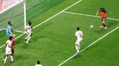 Hassan Al Tambakti inadvertently deflected the ball into his own net while attempting to deal with a dangerous delivery from Marc Cucurella, capping a miserable evening for Saudi Arabia. The own goal further underlined Spain's complete dominance as the former champions tightened their grip on the contest. (REUTERS)