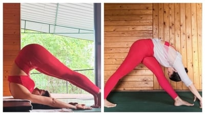 Nimrat Kaur showed off her deep stretching and flexibility skills in a yoga pose, stretching her legs all the way with impressive ease. (Instagram)