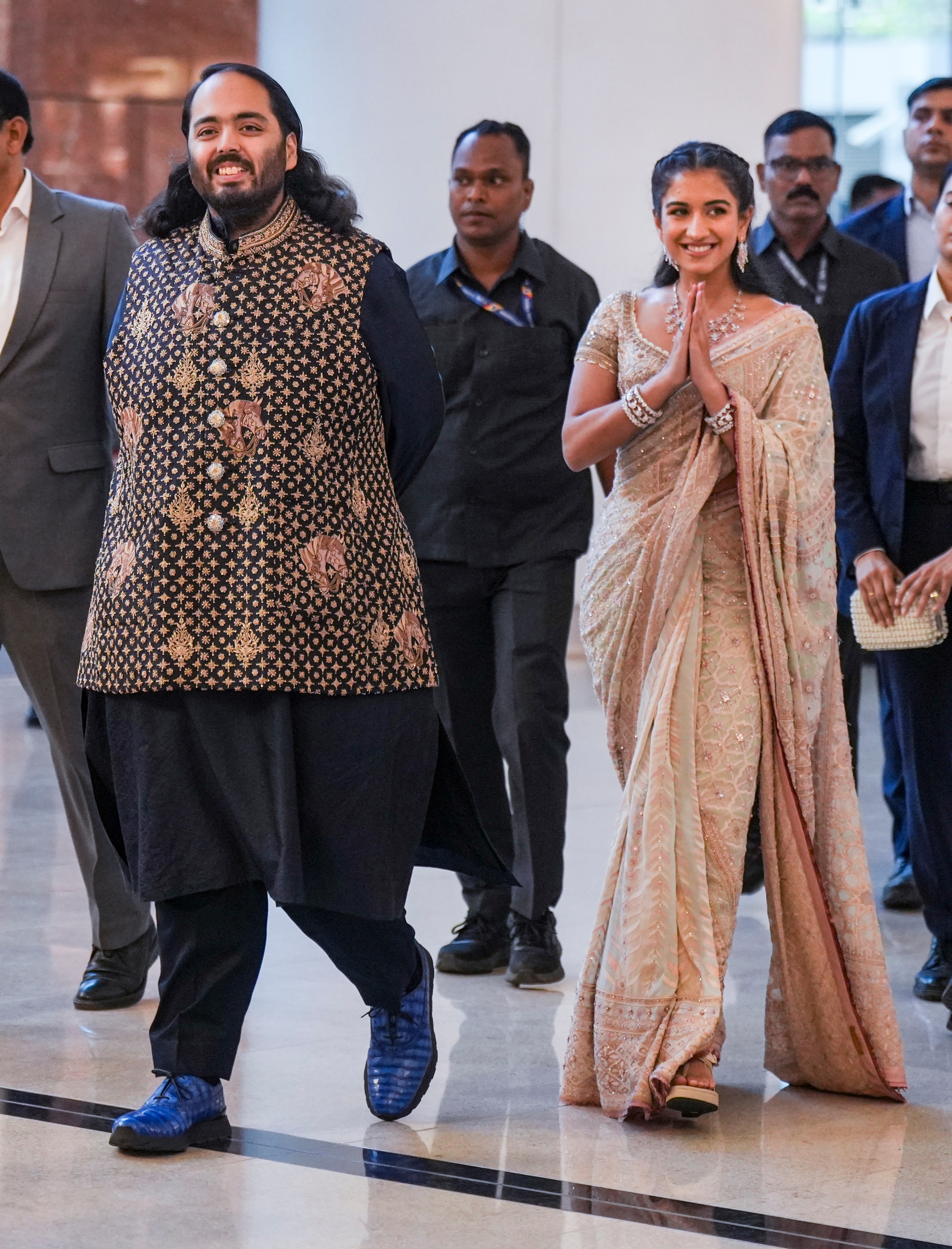 Reliance Industries Chairman Mukesh Ambani's son Anant Ambani and daughter-in-law Radhika Merchant attend the wedding. (PTI)